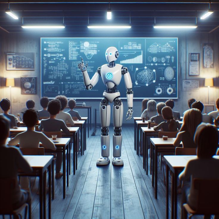 a robot standing in a classroom with kids 