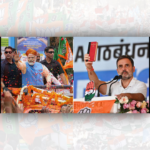 "2024 Lok Sabha Elections: Narendra Modi and Rahul Gandhi in High-Stakes Campaigns - BJP vs Congress Showdown. Vibrant imagery capturing Prime Minister Narendra Modi waving to supporters amidst BJP flags and Congress leader Rahul Gandhi holding a book during a rally, symbolizing the fierce political battle in India."