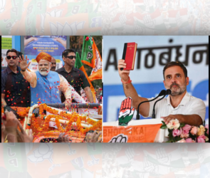 "2024 Lok Sabha Elections: Narendra Modi and Rahul Gandhi in High-Stakes Campaigns - BJP vs Congress Showdown. Vibrant imagery capturing Prime Minister Narendra Modi waving to supporters amidst BJP flags and Congress leader Rahul Gandhi holding a book during a rally, symbolizing the fierce political battle in India."
