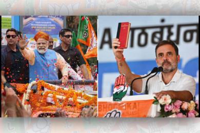 "2024 Lok Sabha Elections: Narendra Modi and Rahul Gandhi in High-Stakes Campaigns - BJP vs Congress Showdown. Vibrant imagery capturing Prime Minister Narendra Modi waving to supporters amidst BJP flags and Congress leader Rahul Gandhi holding a book during a rally, symbolizing the fierce political battle in India."