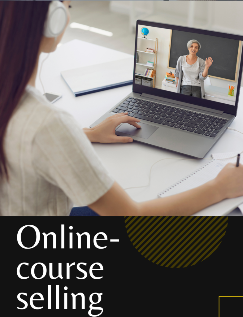 A person wearing headphones participating in an online course on a laptop, with a teacher presenting in a virtual classroom. The scene includes a notepad and a pen on the desk, emphasizing the concept of online learning and course selling. Caption: "Online-course selling."