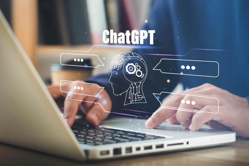 A person typing on a laptop with an overlay of a digital illustration showing a brain with gears and chat bubbles, highlighting the concept of ChatGPT. Caption: "Earn Money Effortlessly: Discover Lucrative Opportunities with ChatGPT – No Investment Needed!"