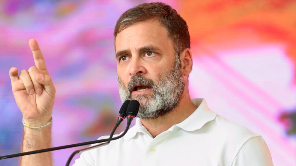 "Rahul Gandhi addresses the crowd during a 2024 Lok Sabha election rally in Odisha."