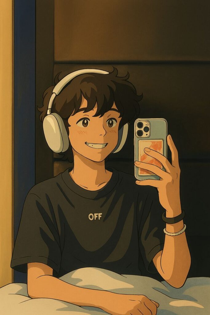 A young boy wearing headphones and holding a phone, depicted in Ghibli art style.