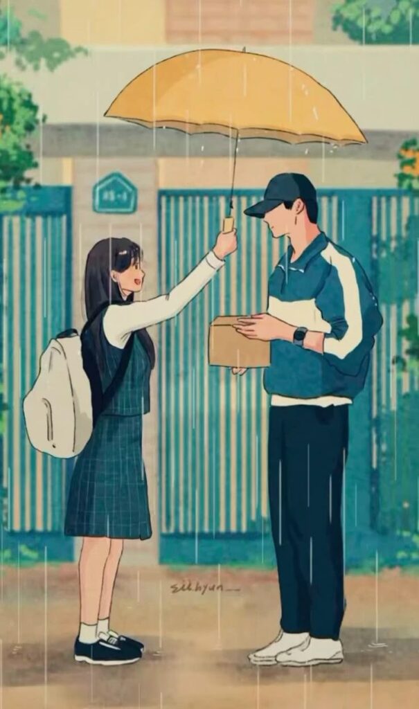 A couple shares an umbrella in the rain, depicted in the enchanting style of Ghibli art studio.
